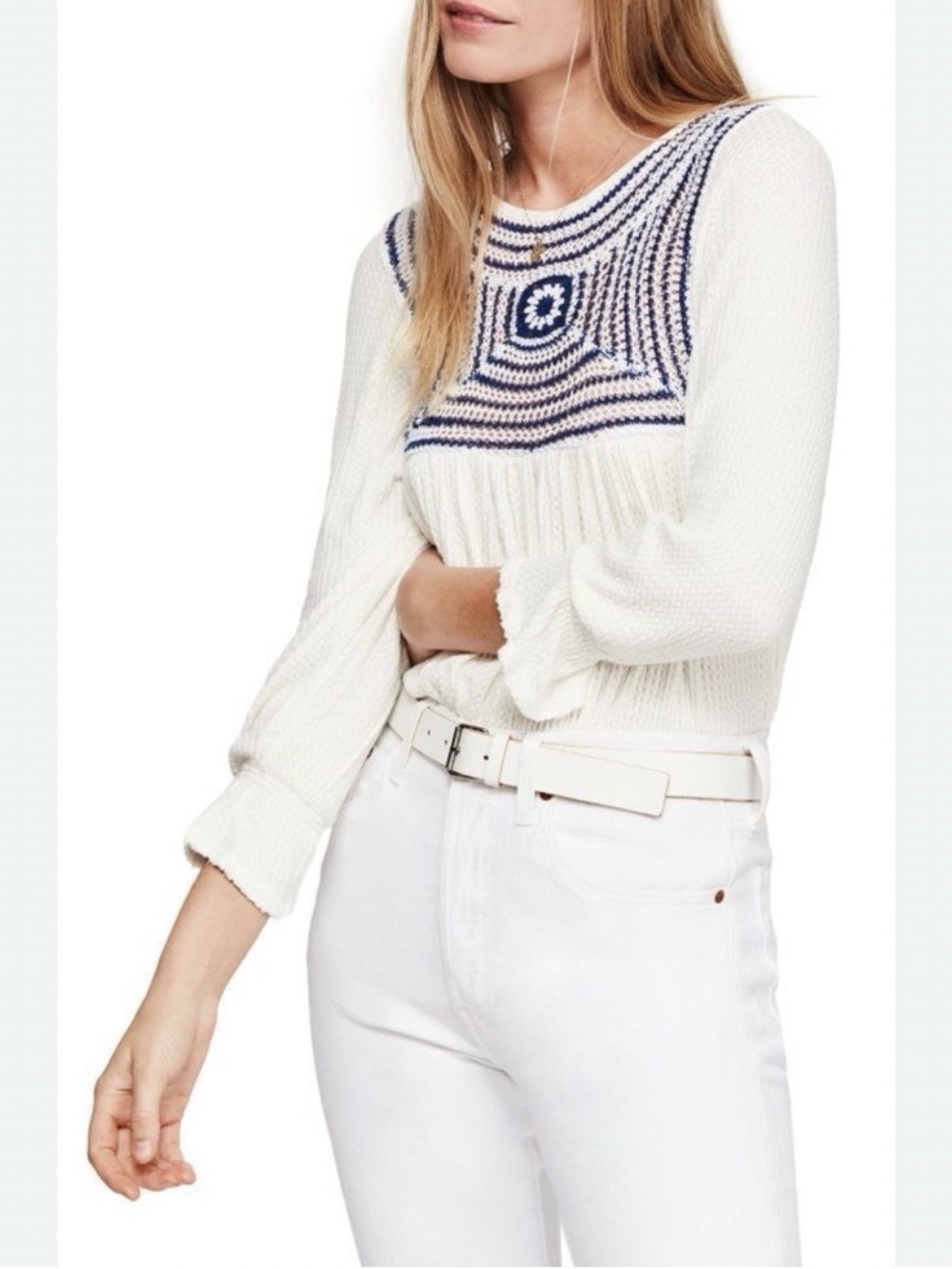 Free People White Knit Pullover with Blue Embroidered Yoke